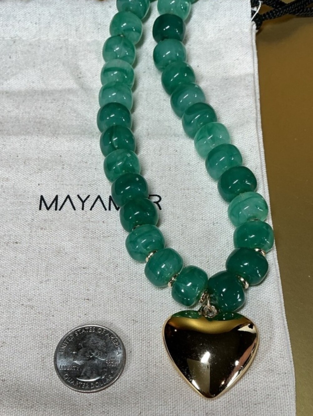 Mayamar Green Resin Bead Gold Heart Necklace NWT + Pouch - Picture 3 of 4